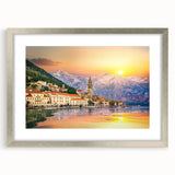 Extra large abstract art print depicting a textured European scenery in muted earth tones, framed with a silver mat.