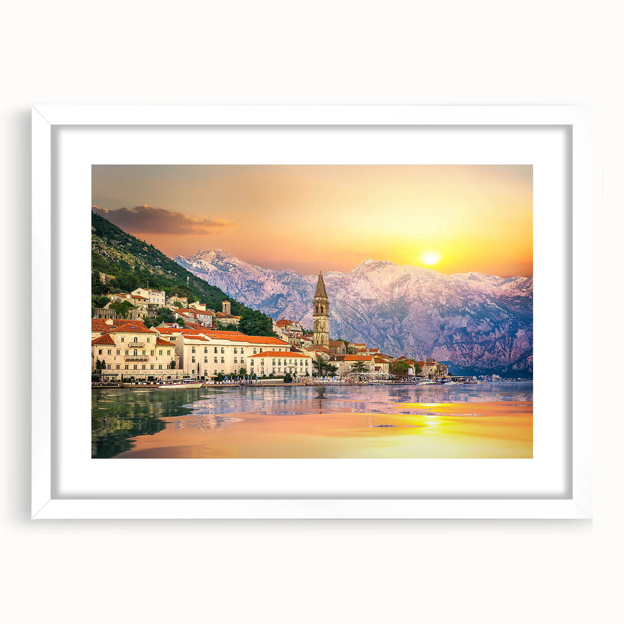 Textured abstract art print of a European scenery in Montenegro, displayed in a white frame with mat.