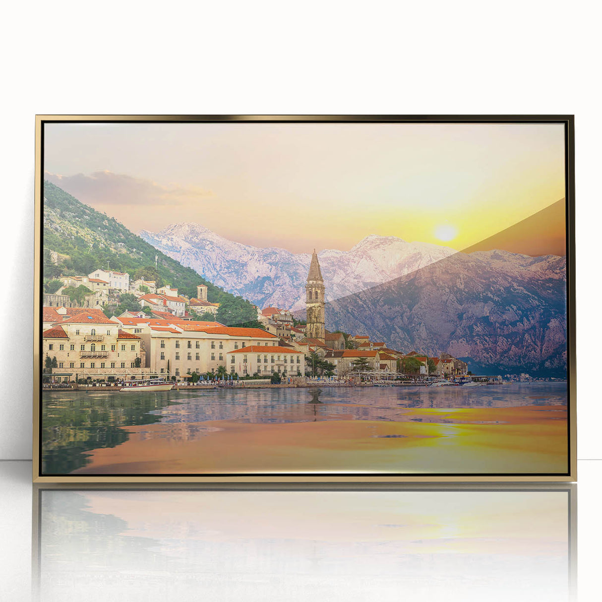 Art deco poster of a Montenegro scenery in muted gold tones on acrylic, ideal for modern art wall decor.