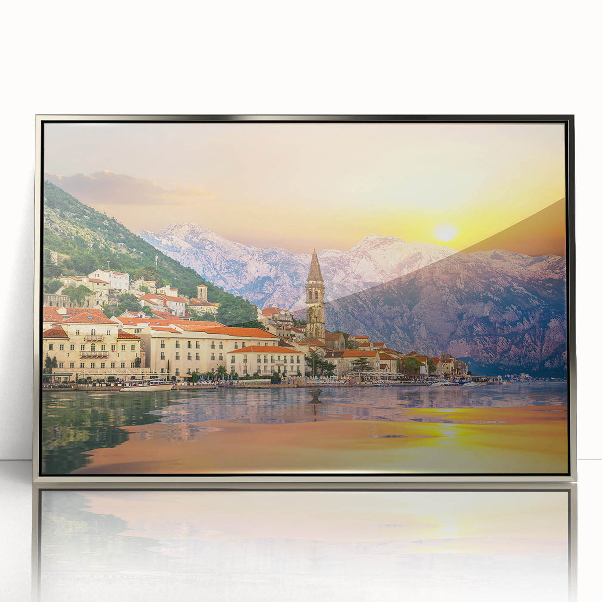 Large art print of a Montenegro landscape in muted colors, silver-framed acrylic, ideal for modern art wall decor.