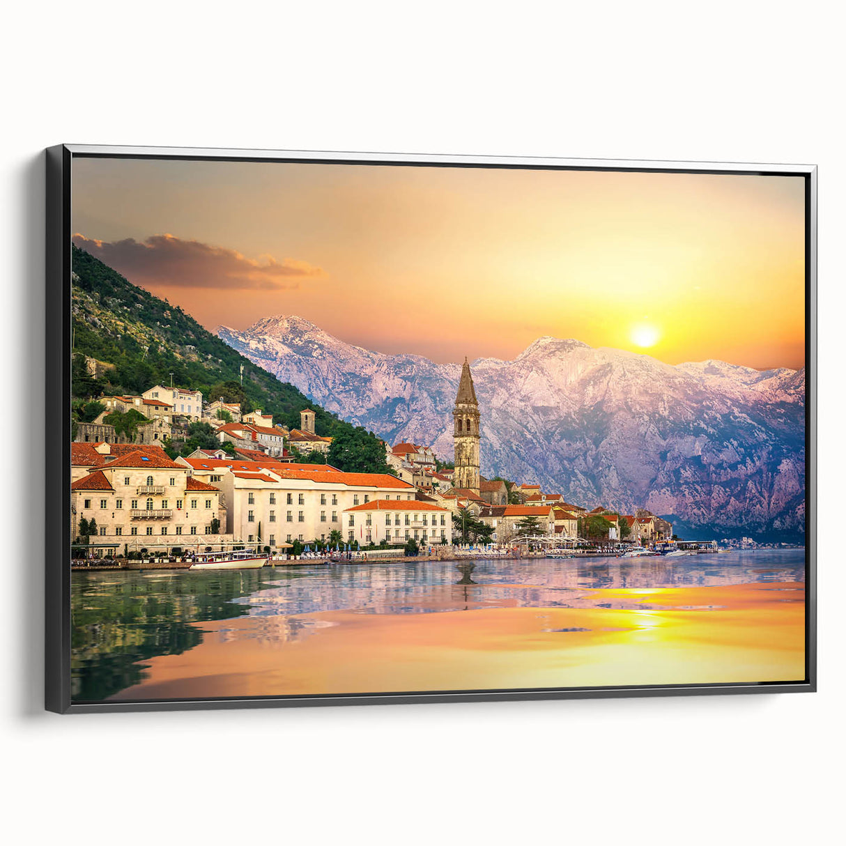 Black and white framed canvas featuring a vintage-style landscape of Montenegro, ideal for bedroom wall art.