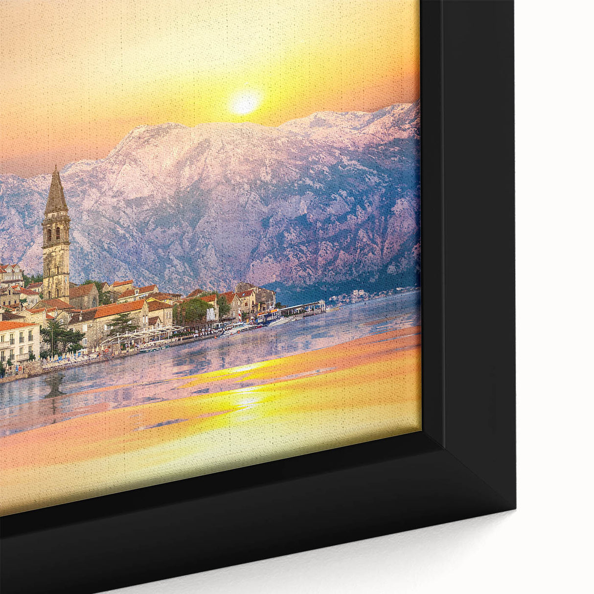 Black wall art featuring a textured European scenery in vibrant colors on a framed canvas, ideal for living room decor.