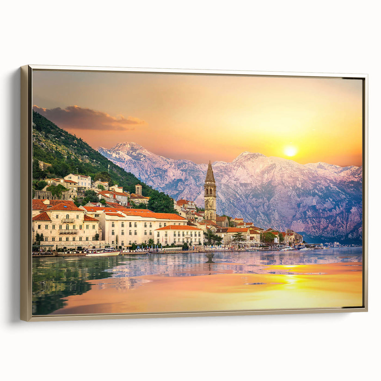 Framed canvas of a vintage-style Montenegro landscape in muted earth tones, ideal for bedroom wall art.