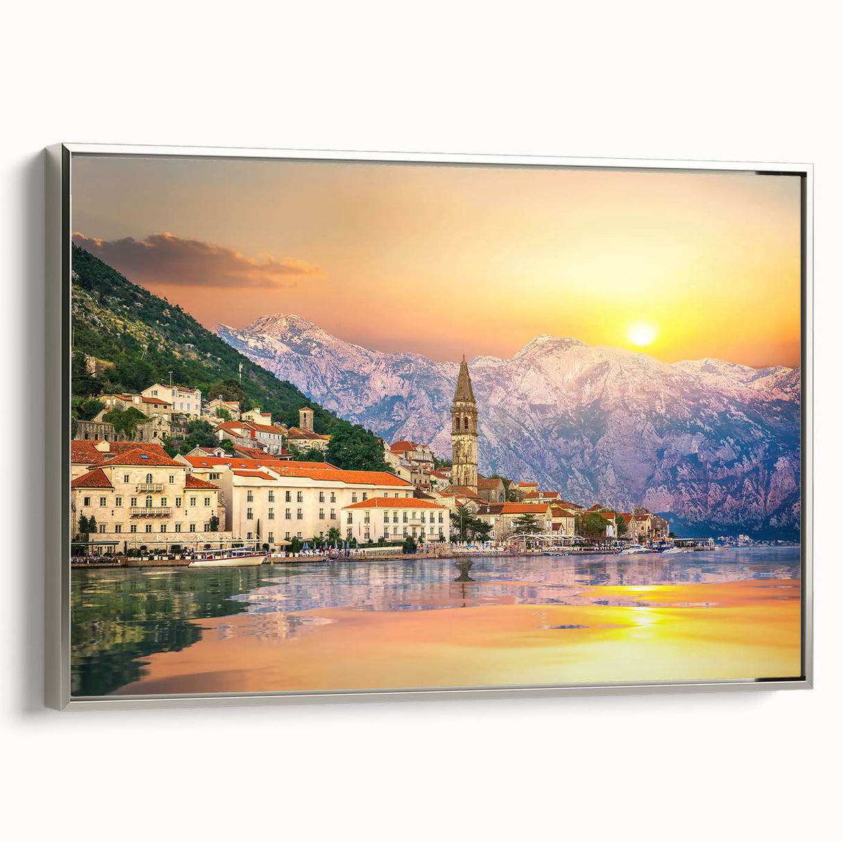 Framed canvas of a vintage-style landscape painting depicting Montenegro scenery in colorful tones.