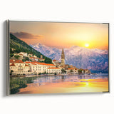 Framed canvas of a vintage-style landscape painting depicting Montenegro scenery in colorful tones.