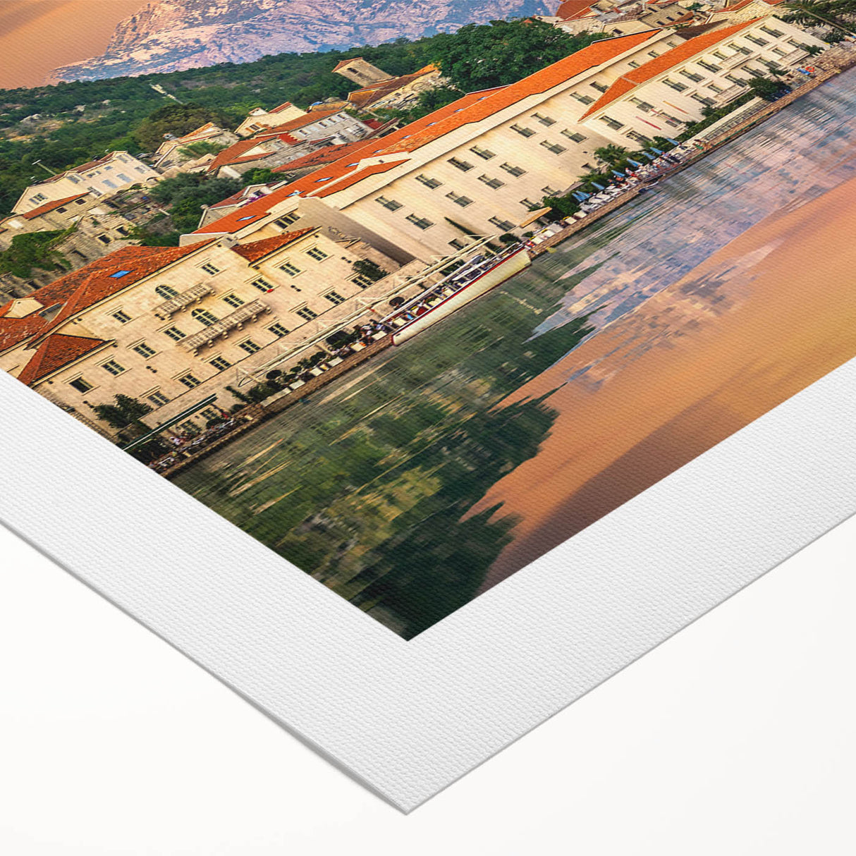 Art deco poster featuring a serene Montenegro landscape in soft pastel colors on rolled canvas.