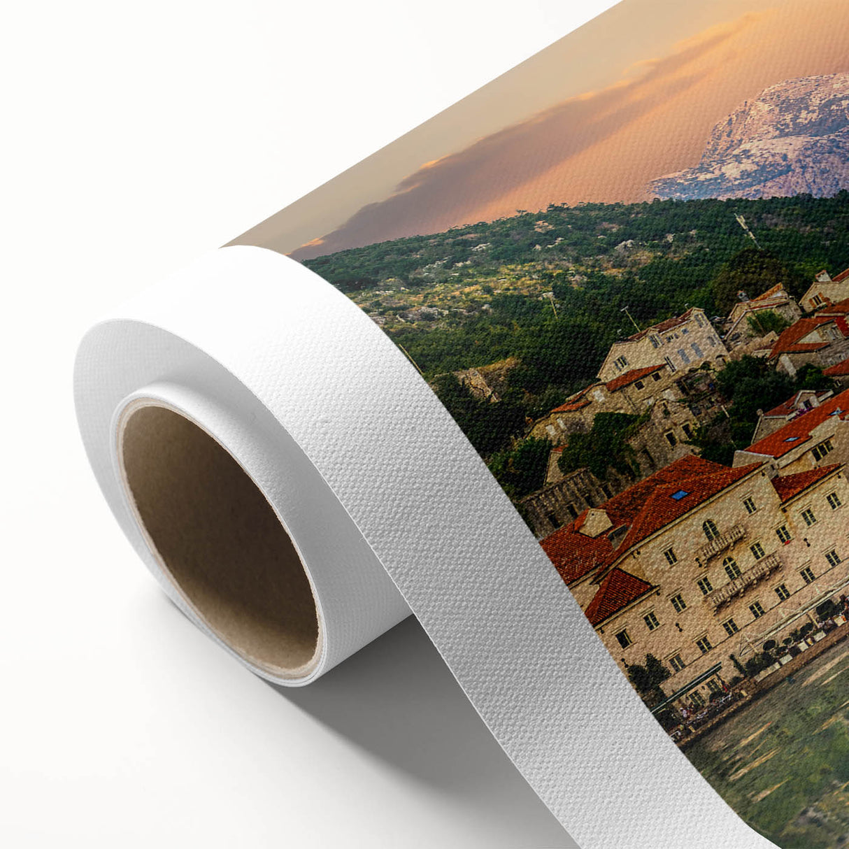 Art deco poster of Montenegro scenery in pastel shades on rolled canvas, ideal for nursery wall art.