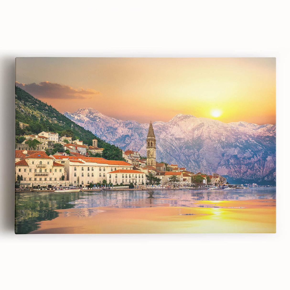Black and white photo of Montenegro landscape on large stretched canvas, ideal for kitchen wall art or bedroom ambiance.