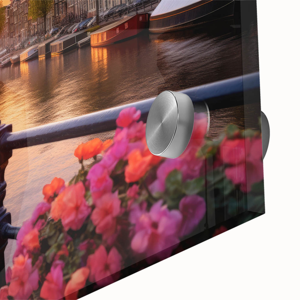 Large abstract wall art of Amsterdam scenery in muted earth tones on acrylic glass, ideal for dining room ambiance.