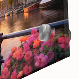 Large abstract wall art of Amsterdam scenery in muted earth tones on acrylic glass, ideal for dining room ambiance.