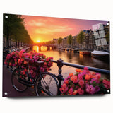 Acrylic print of Amsterdam scenery with vibrant hues of blue and orange, ideal for dining room decor.