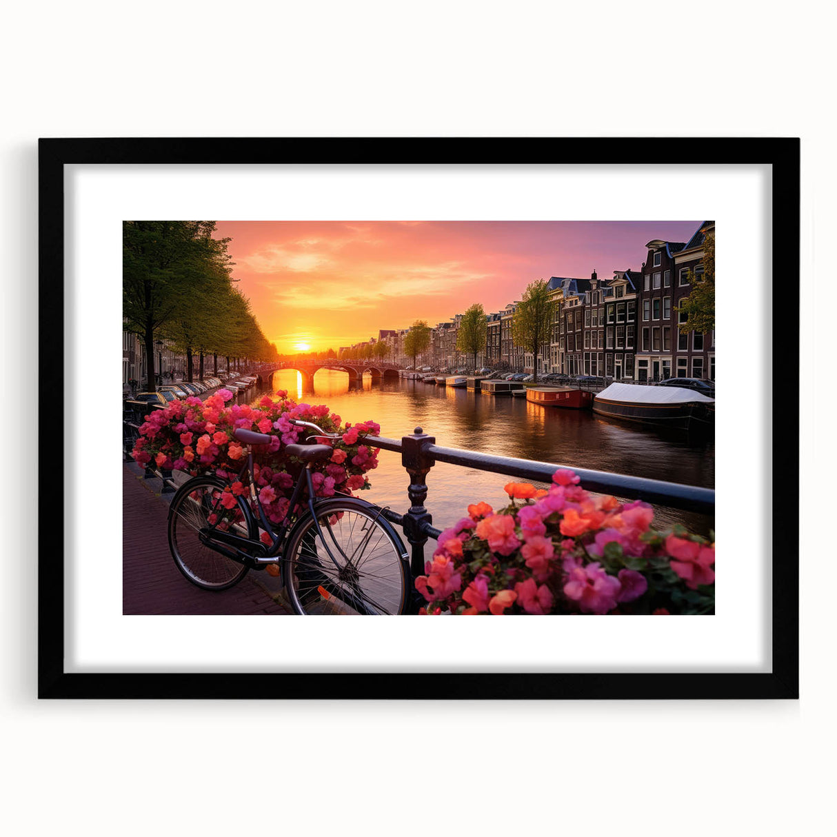 Extra large abstract art print of Amsterdam with textured, colorful hues on a black framed canvas.