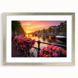 Abstract art print of Amsterdam scenery in muted gray and blue tones on a large framed canvas, ideal for living room decor.