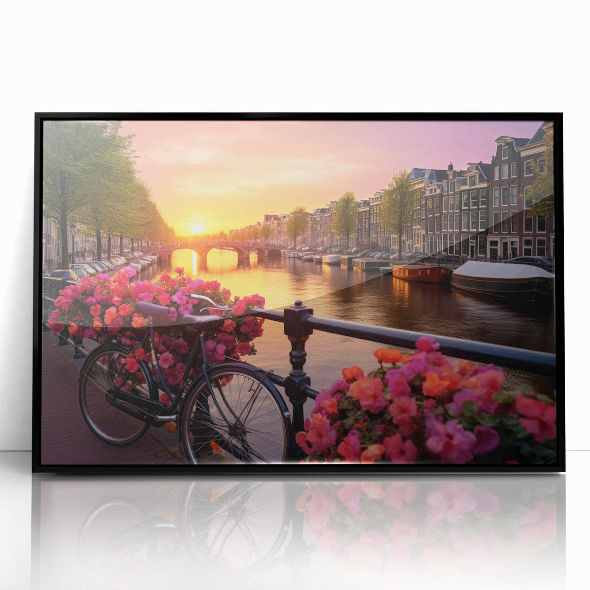 Large abstract wall art of Amsterdam canals in muted gray and blue tones, framed acrylic, ideal for modern living room decor.