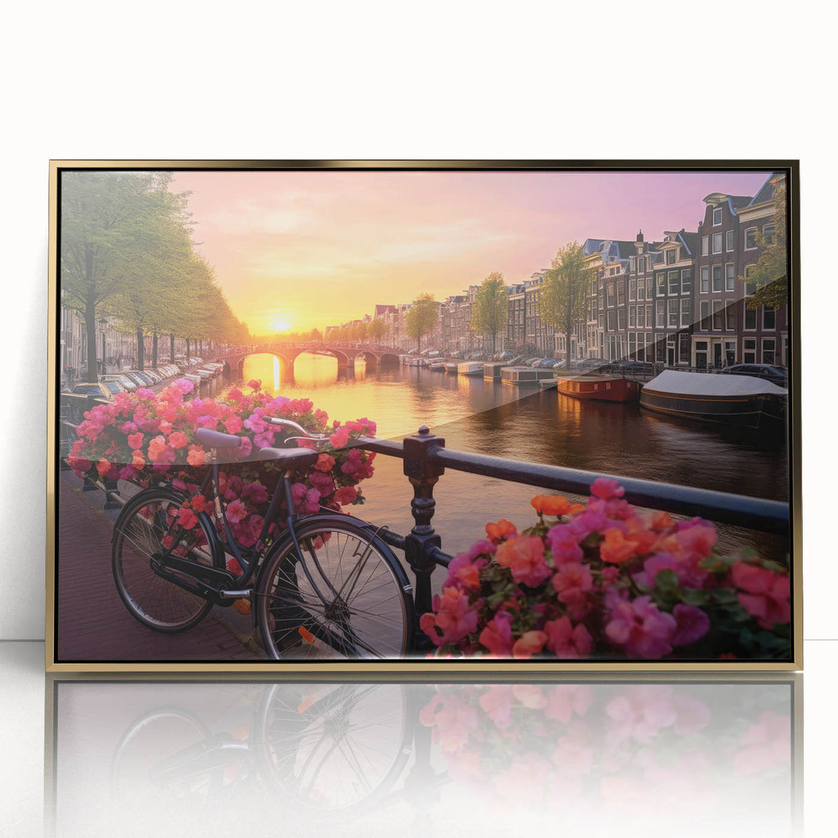 Art Deco-style poster of Amsterdam canals in muted gold tones on acrylic, suitable for modern art wall decor.