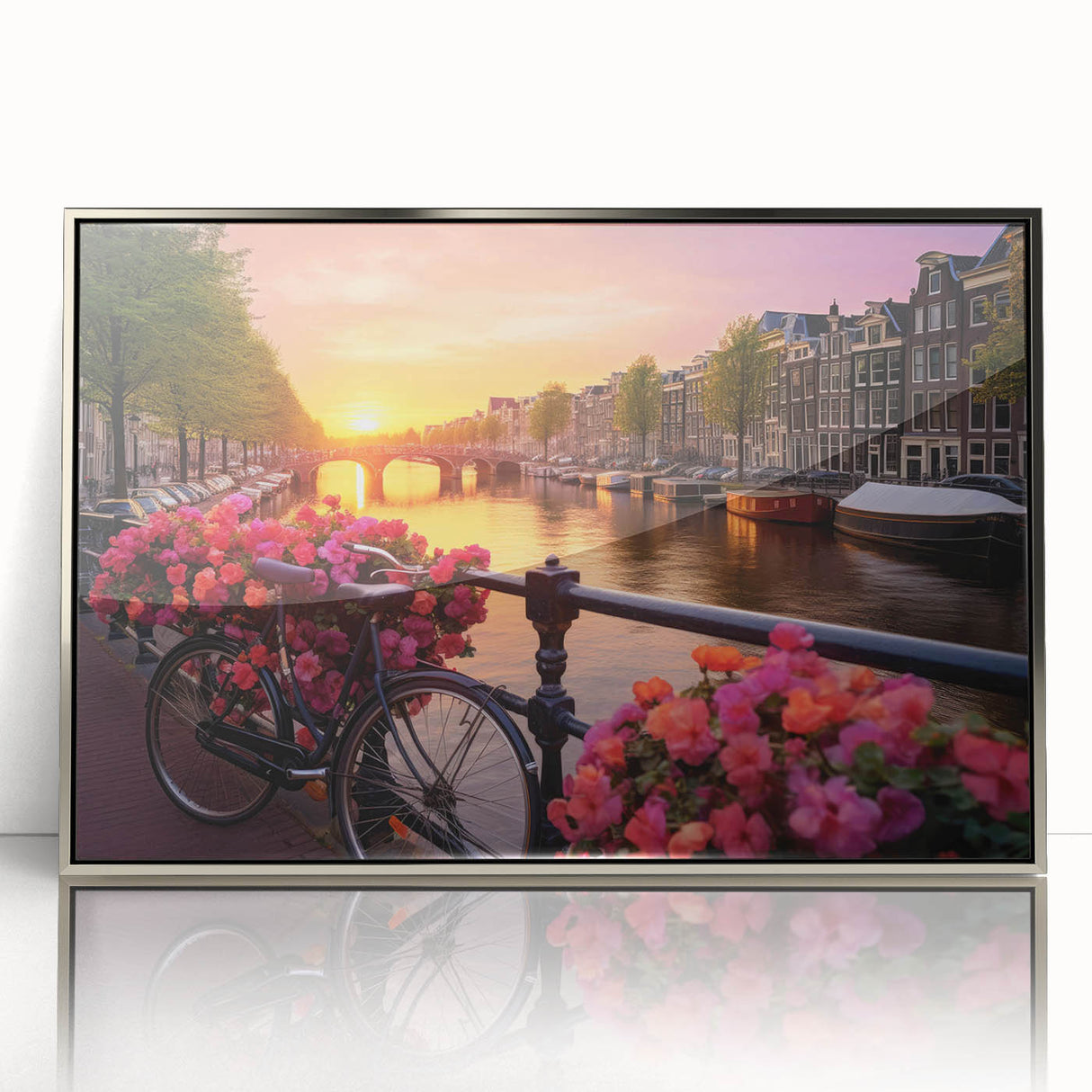 Large art print of Amsterdam scenery in muted tones on silver-framed acrylic, ideal for modern art wall decor.