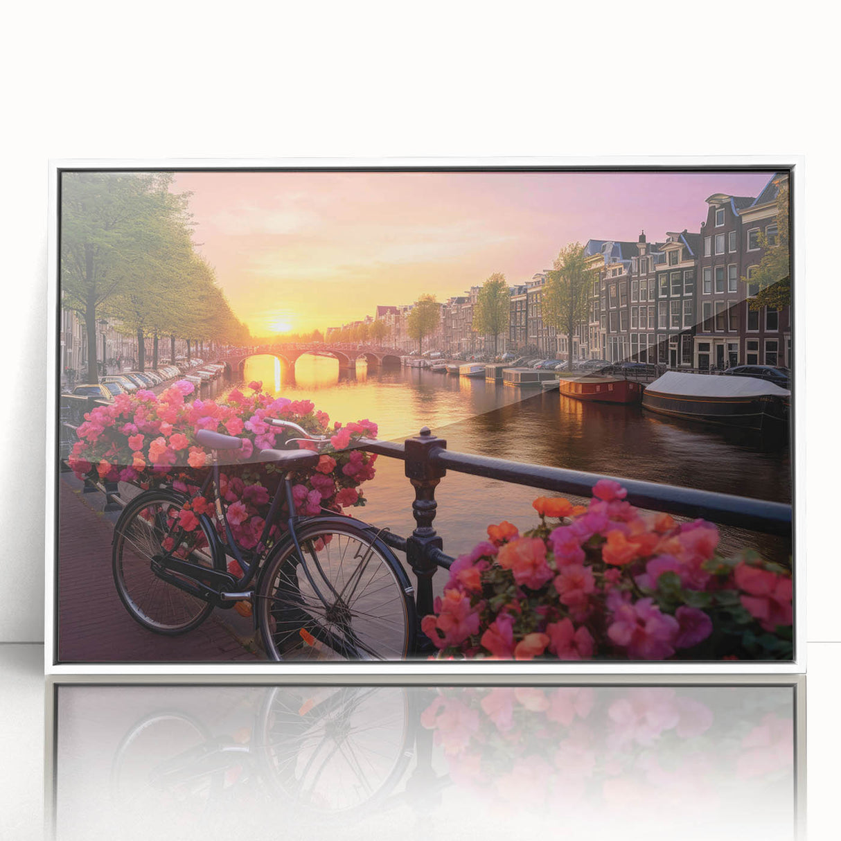 Mid-century modernist art depicting Amsterdam scenery with muted blue and grey tones on a framed acrylic print.