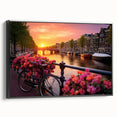 Black and white vintage poster art of Amsterdam landscape on framed canvas, ideal for bedroom decor.