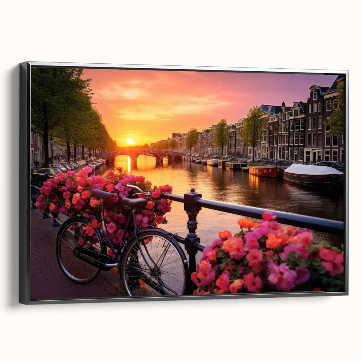 Black and white vintage poster art of Amsterdam landscape on framed canvas, ideal for bedroom decor.