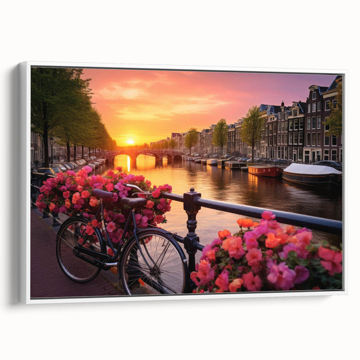 Framed canvas of vintage poster art depicting colorful Amsterdam scenery, ideal for living room decor.