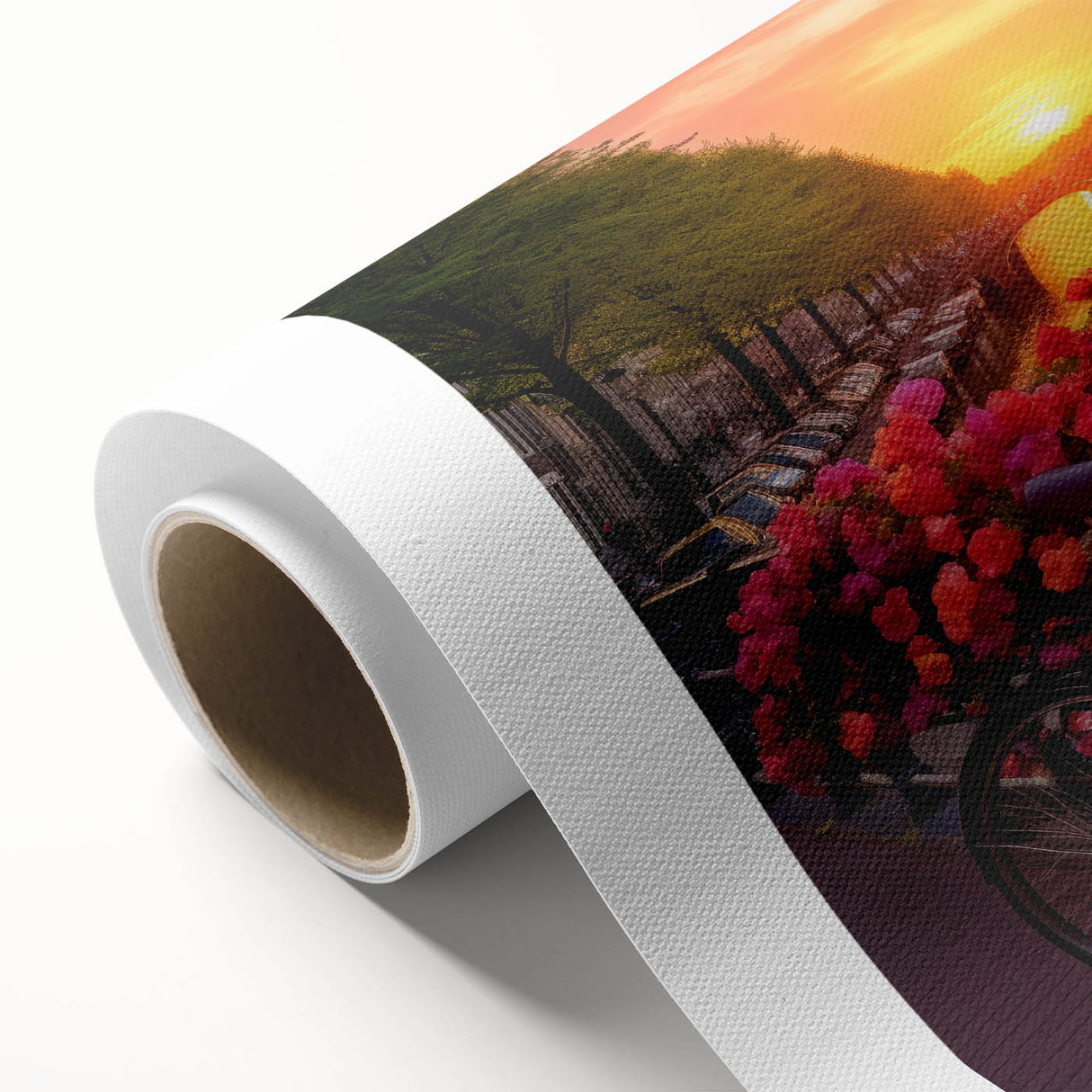 Art deco poster of Amsterdam scenery on rolled canvas, featuring muted earth tones.