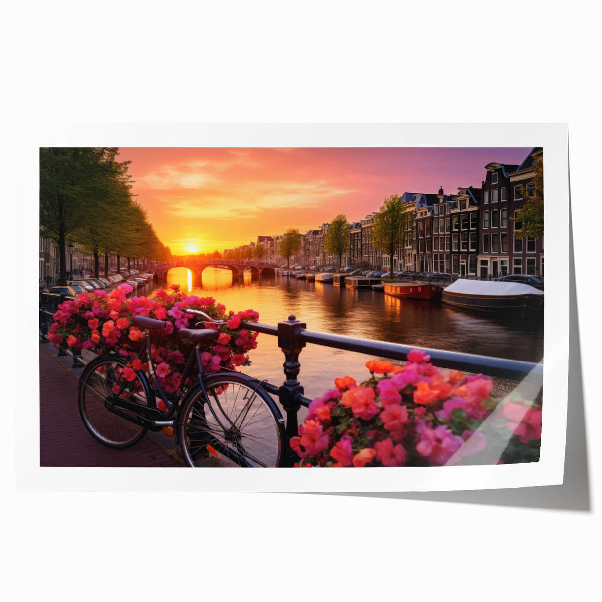 Rolled print of Amsterdam scenery with vibrant floral accents, ideal for art wall dining room.