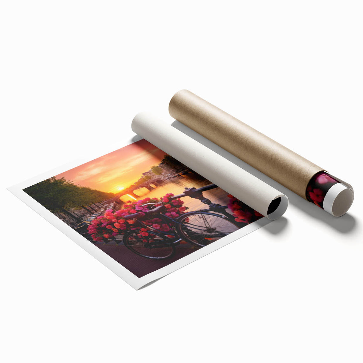 Extra large rolled print of Amsterdam scenery with vibrant floral elements, ideal for classy bathroom wall art.