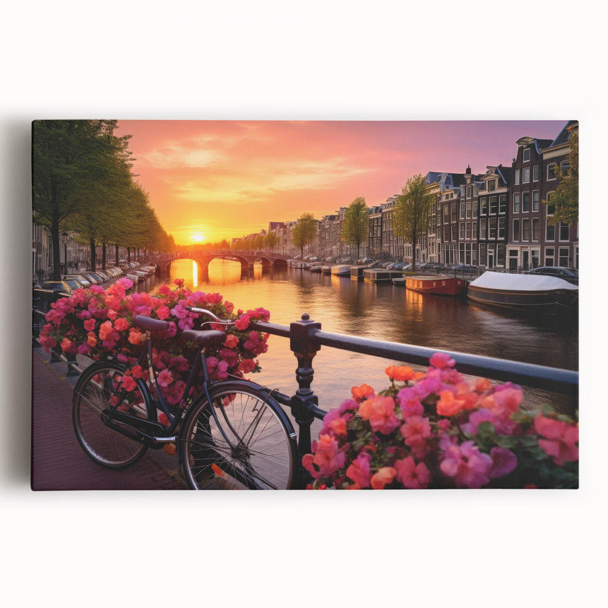 Black and white stretched canvas of Amsterdam canal scene, ideal for kitchen wall art.