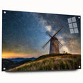 Acrylic print of a European landscape in muted greens and blues, ideal for dining room decor.