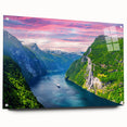 Acrylic print of a Norwegian landscape with vibrant green and blue tones, ideal for bedroom or dining room decor.