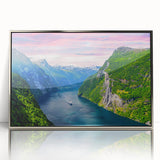 Scenic Norway landscape in muted greens and blues on a large framed acrylic print, suitable for modern art wall decor.