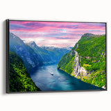 Black and white wall art featuring a vintage poster-style landscape of Norway on a framed canvas, ideal for bedroom decor.