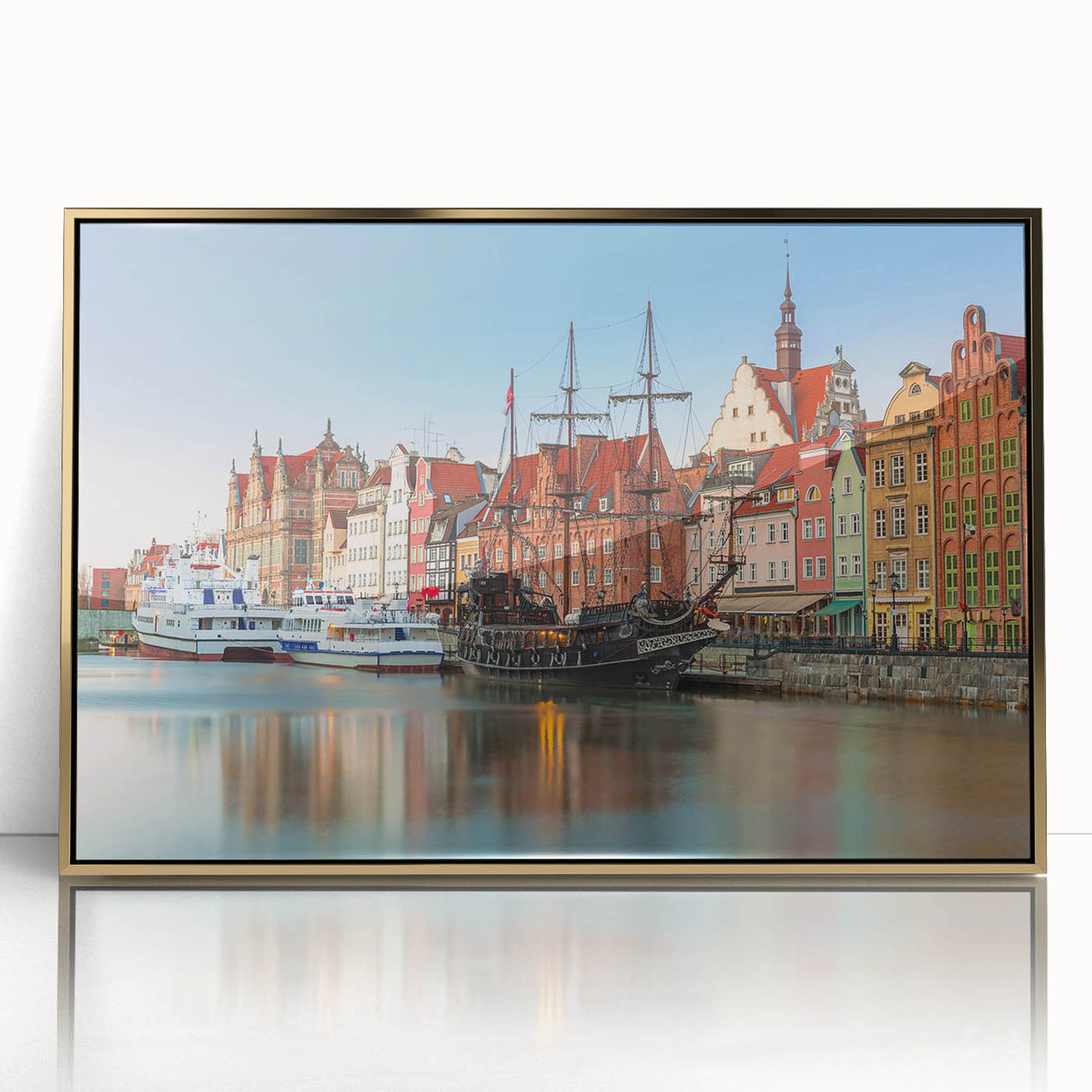 Art Deco poster of a European cityscape in gold and black tones, acrylic print framed, suitable for modern art wall decor.