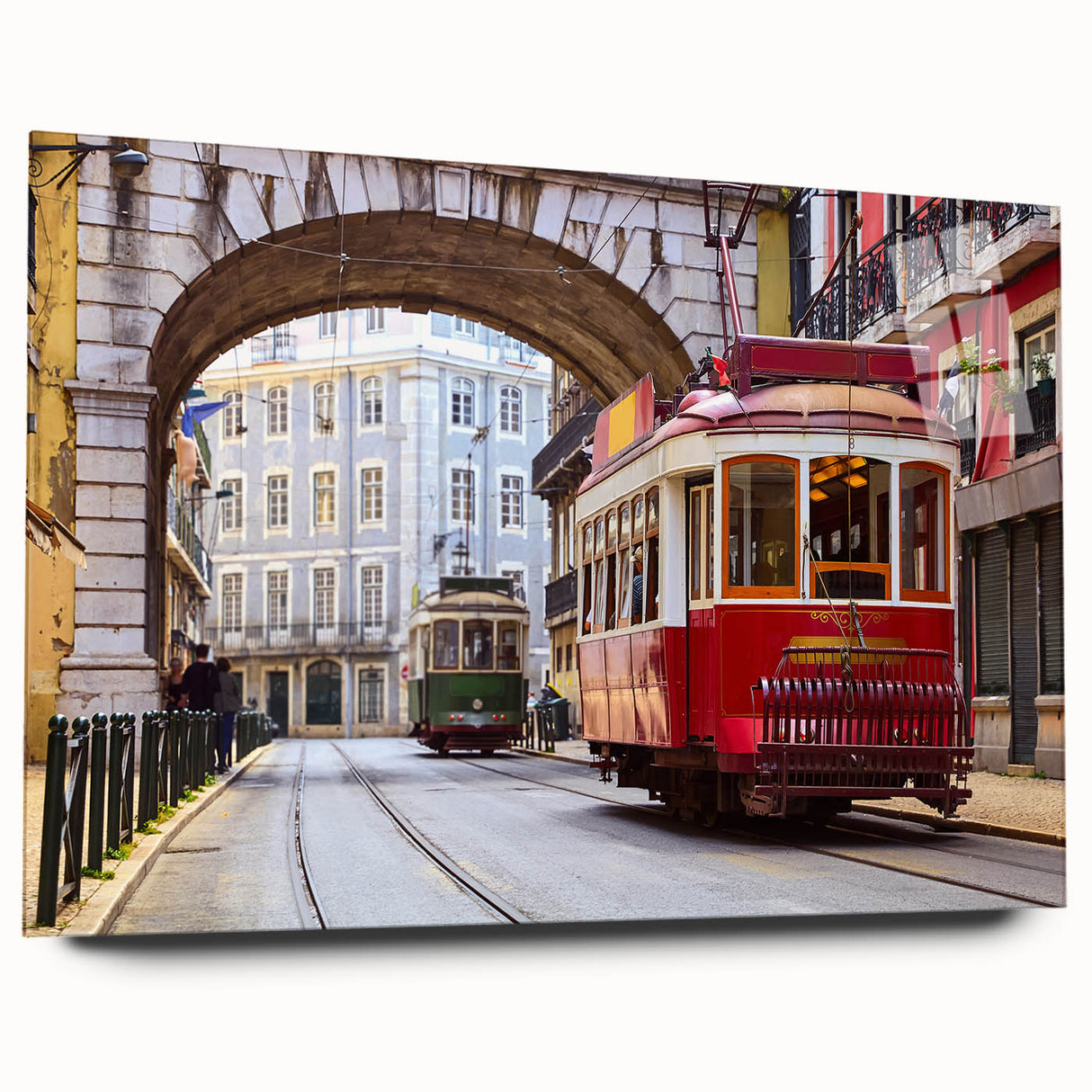 Large abstract wall art of Lisbon scenery in muted blue and white tones on acrylic glass.