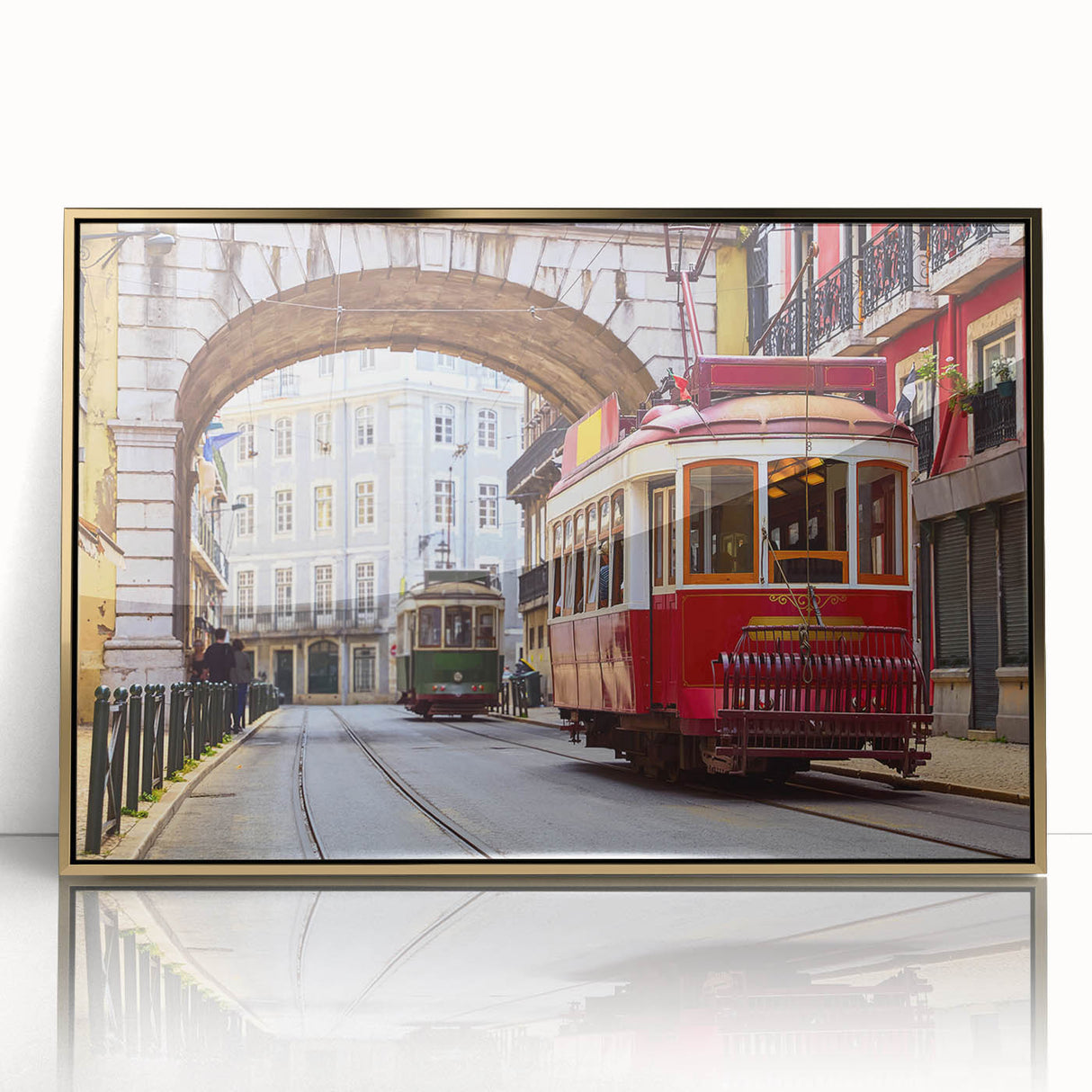 Art deco poster of Lisbon scenery in gold frame, ideal for modern art wall decor or nursery.