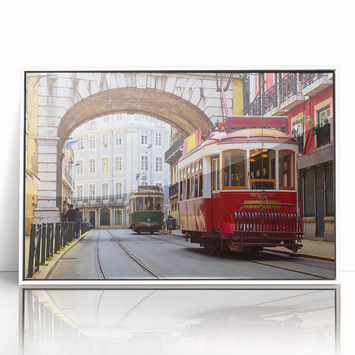 Mid-century modernist art depicting Lisbon's landscape in muted earth tones on a framed acrylic.