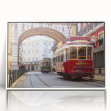 Mid-century modernist art depicting Lisbon's landscape in muted earth tones on a framed acrylic.