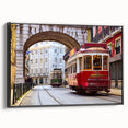 Black and white framed canvas of Lisbon landscape in vintage poster style, ideal for bedroom decor.