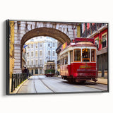 Black and white framed canvas of Lisbon landscape in vintage poster style, ideal for bedroom decor.