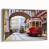 Landscape art painting of Lisbon on framed canvas, featuring vintage poster style with colorful and black elements.