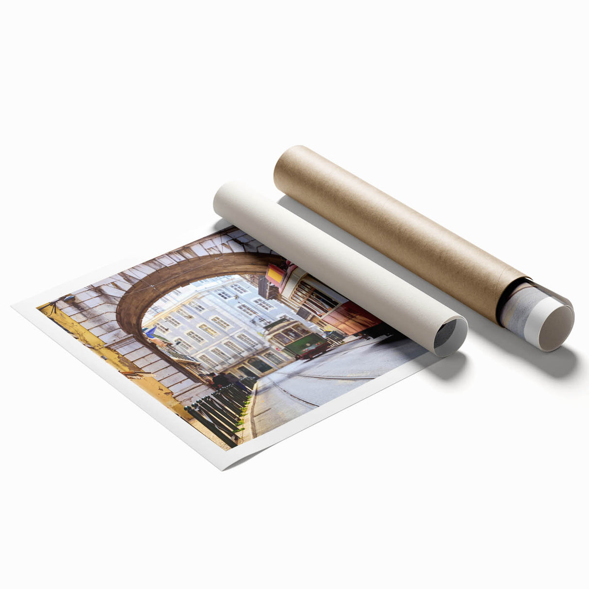 Rolled print of Lisbon scenery with floral motifs in soft pastel shades, ideal for large living room or bathroom wall art.