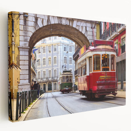 Stretched canvas print depicting bustling Lisbon street scene in vibrant colors, ideal for kitchen wall art.
