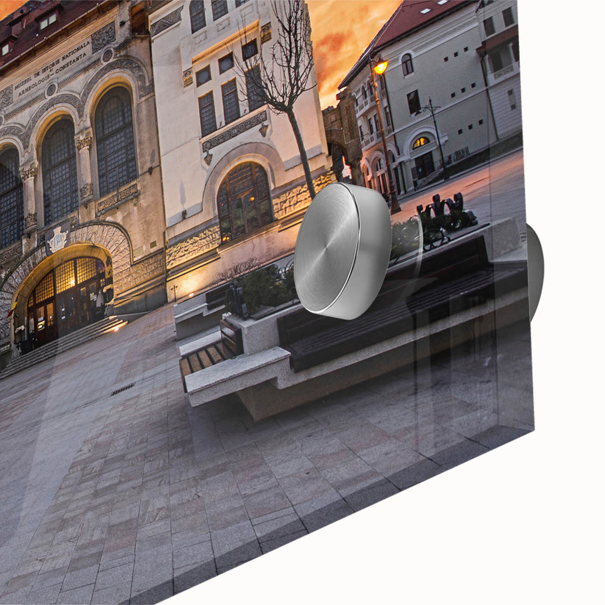 Large abstract wall art featuring a Romanian landscape in muted earth tones on acrylic glass.