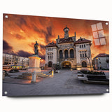 Acrylic print of a Romanian landscape with vibrant green and blue tones, ideal for dining room art.