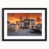 Extra large abstract art print of a colorful, textured European scenery on a black framed canvas.