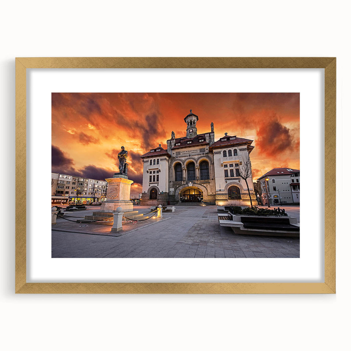 Abstract art print of a European landscape in muted earth tones on a framed gold mat, ideal for dining room decor.