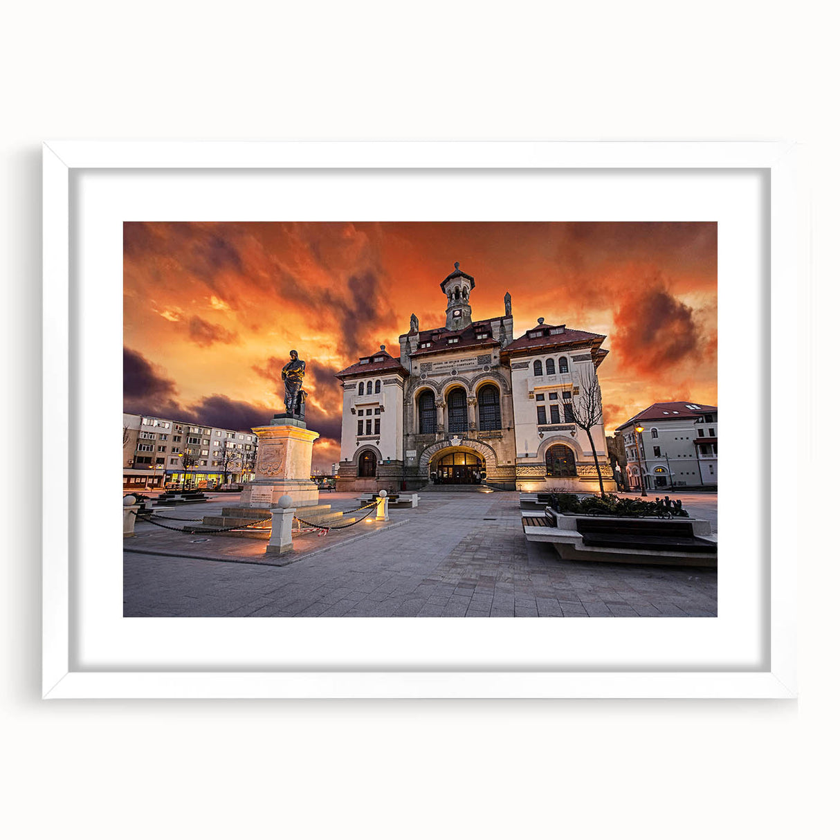 Textured art depicting an abstract European landscape in muted earth tones, framed with a white mat.