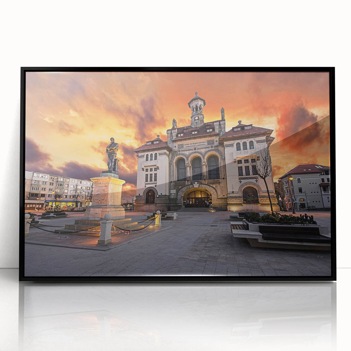 Large abstract wall art depicting a European Romania scenery in muted earth tones on a framed acrylic.
