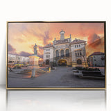 Art deco poster of a Romanian landscape in muted gold and green tones, framed acrylic.