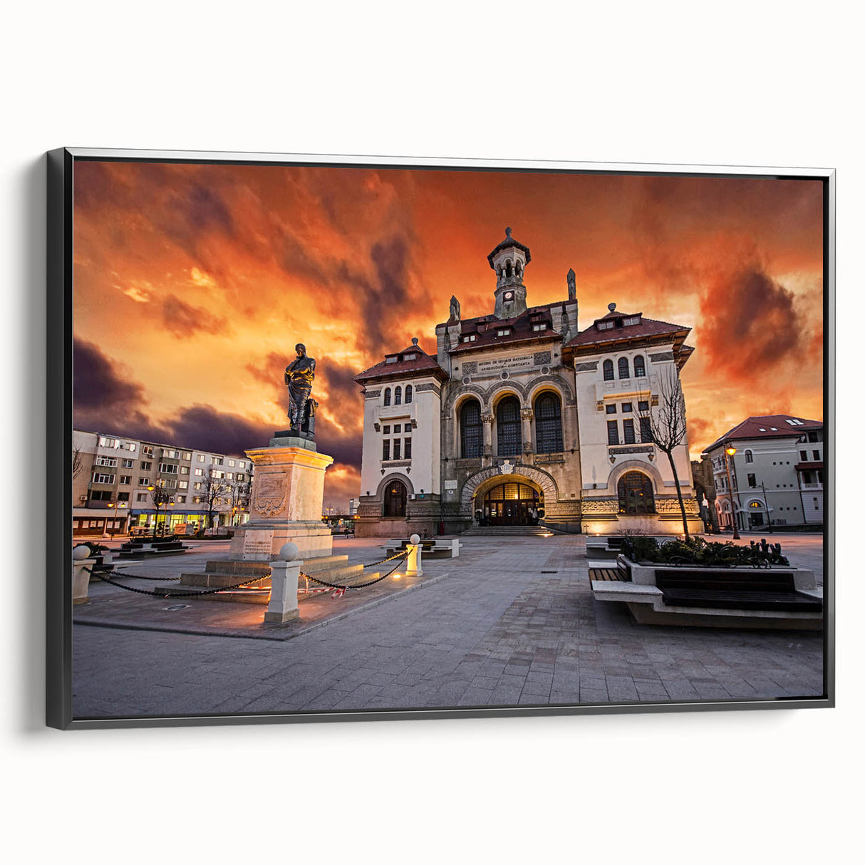 Black and white framed canvas of a vintage Romanian landscape, ideal for bedroom wall decor.